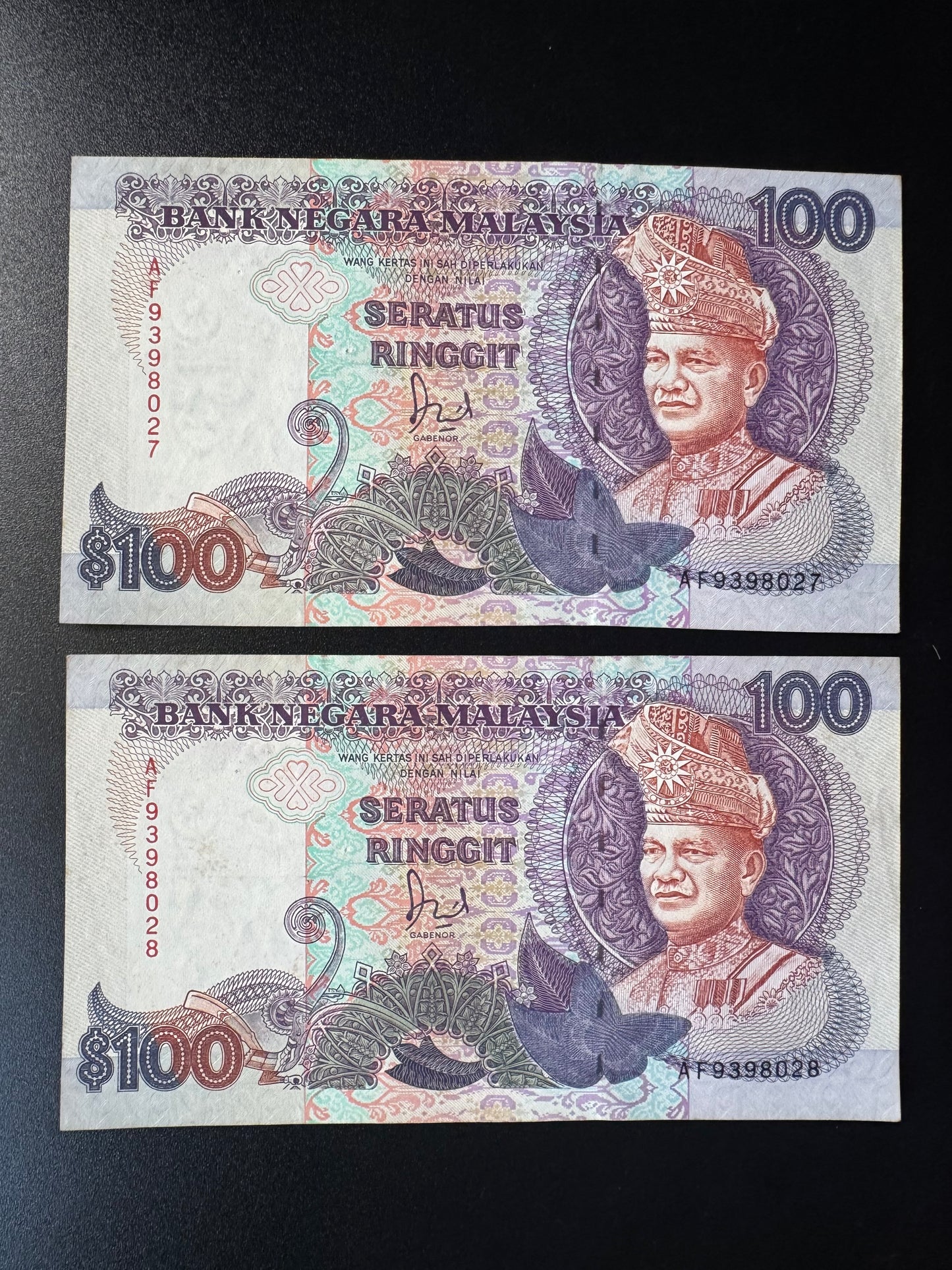 Malaysia 100 Ringgit Banknotes 1989 AUNC-VF S/N Consecutive Numbers Bills Pair 2Pcs/Lot