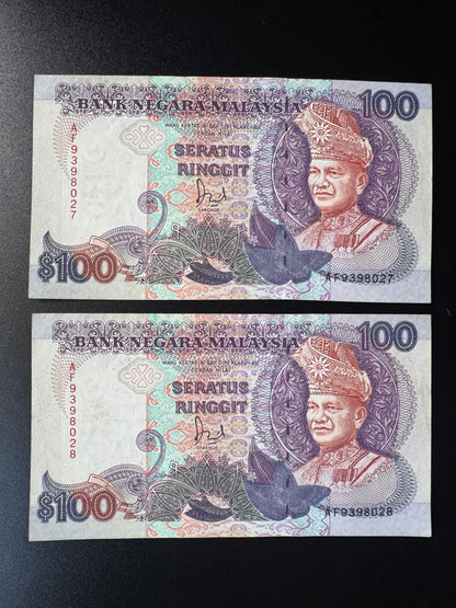Malaysia 100 Ringgit Banknotes 1989 AUNC-VF S/N Consecutive Numbers Bills Pair 2Pcs/Lot