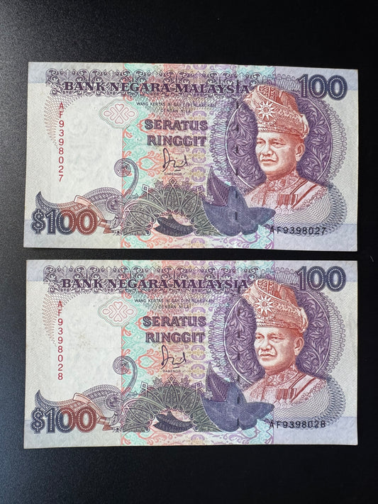Malaysia 100 Ringgit Banknotes 1989 AUNC-VF S/N Consecutive Numbers Bills Pair 2Pcs/Lot
