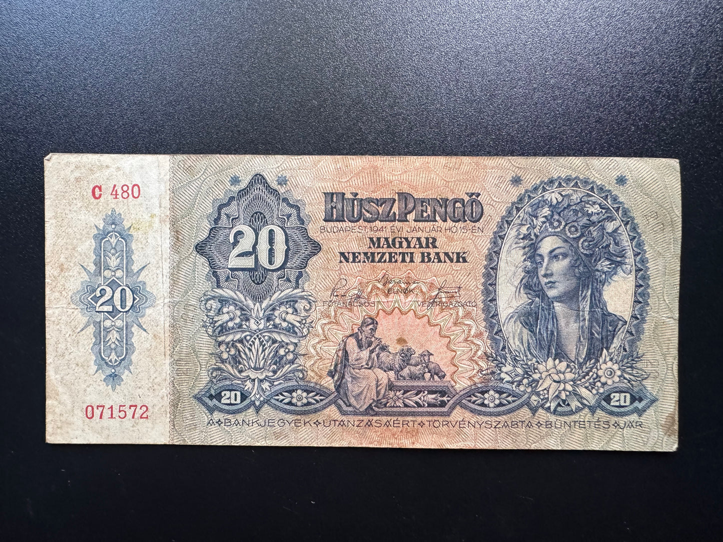 Hungary 20 Forint Banknote 1941 old Circulated Paper Money Bank Bill p-109