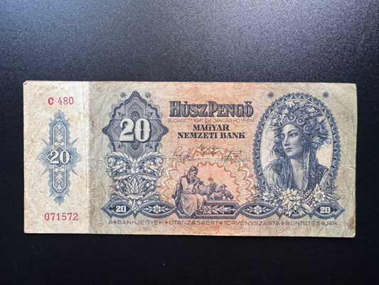Hungary 20 Forint Banknote 1941 old Circulated Paper Money Bank Bill p-109