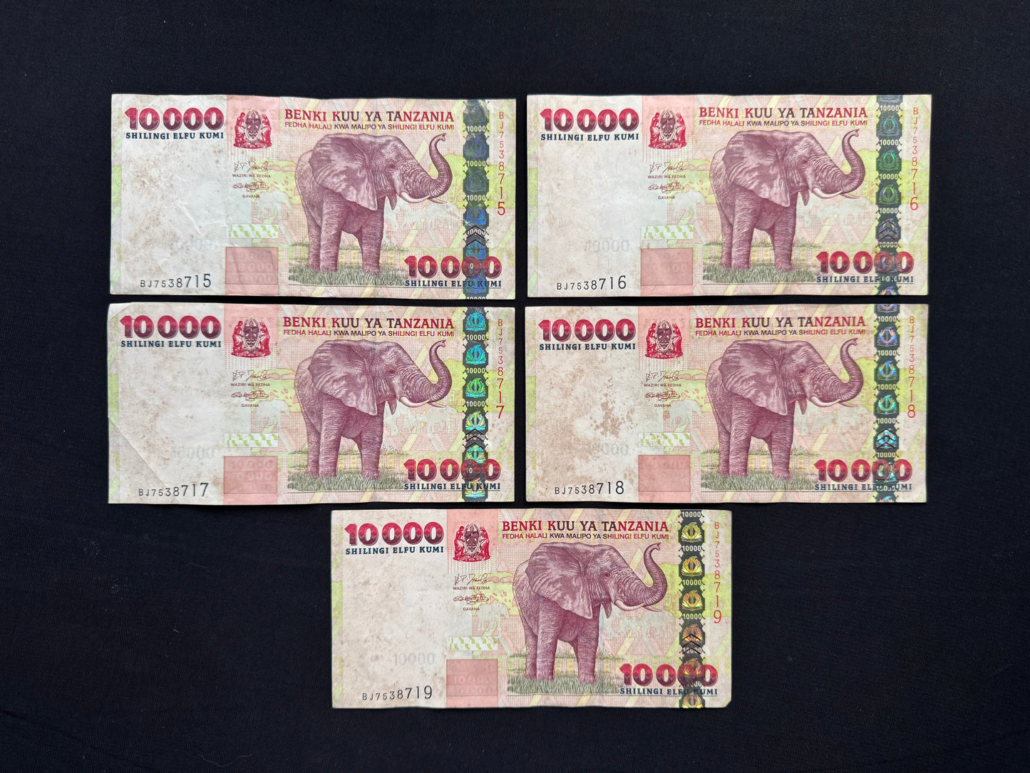 Tanzania 10000 Shillings Banknotes 2003 S/N Consecutive Numbers Bills 5 Pcs P-39