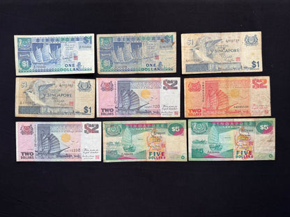 Singapore 1, 2, 5 Dollars Banknotes Old Circulated Paper Bank Bills 9 Pcs/ Lot