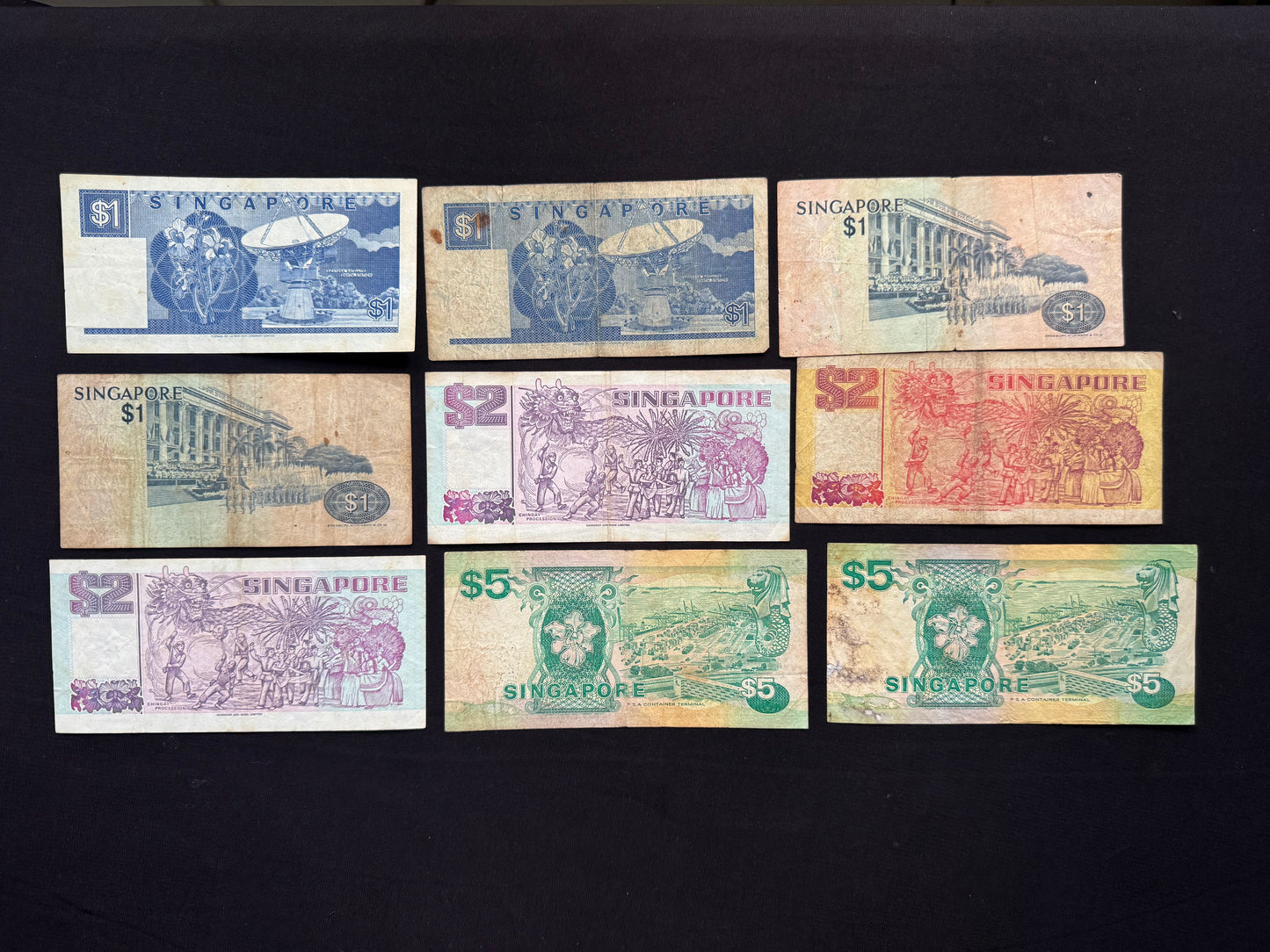 Singapore 1, 2, 5 Dollars Banknotes Old Circulated Paper Bank Bills 9 Pcs/ Lot