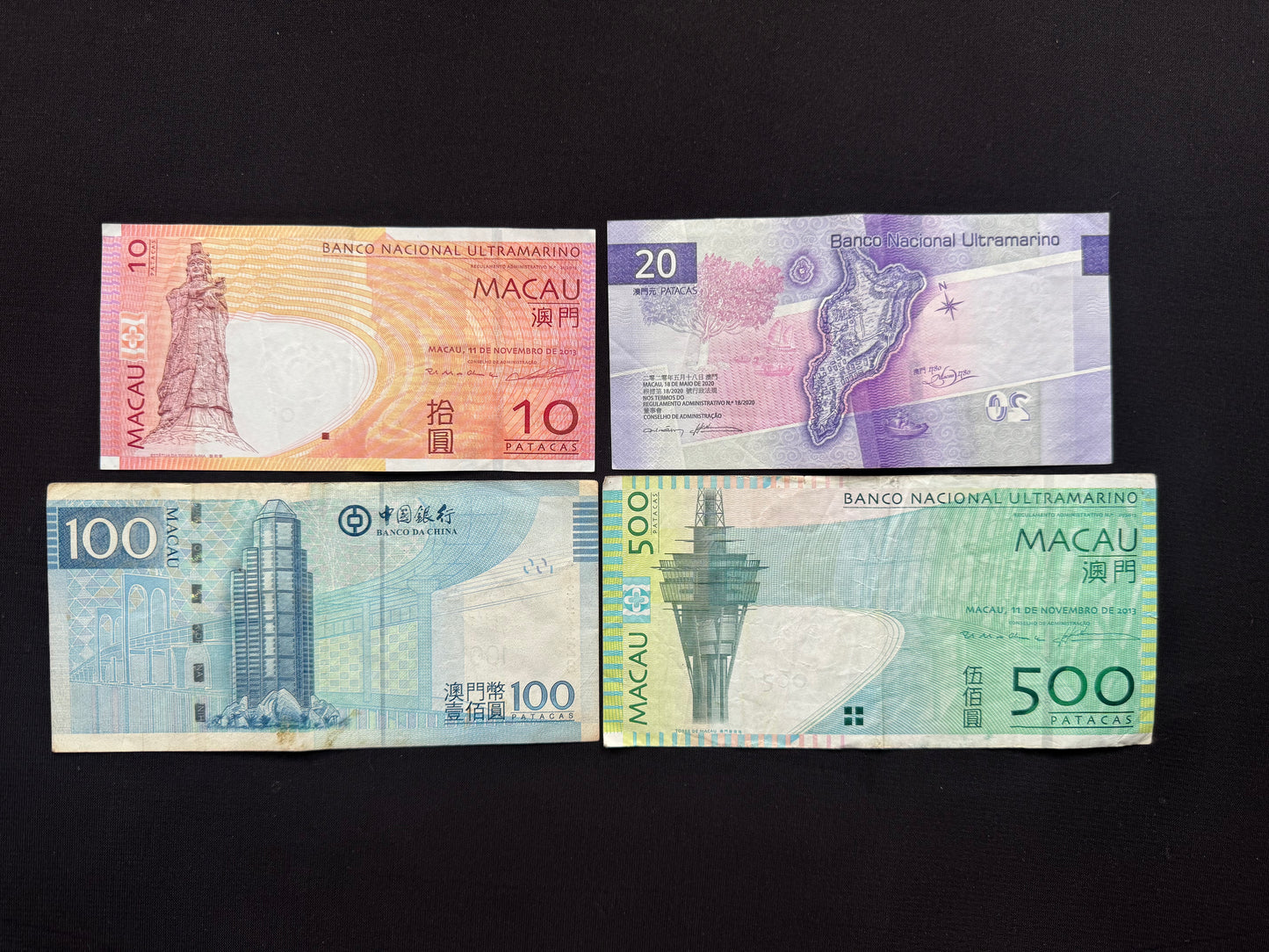 Macau 10, 20, 100, 500 Patacas Banknote AUNC-VF-Circulated Bills 4Pcs/Lot