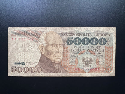 Poland 50000 Zloty Banknote 1989 Old Circulated Paper Bank Bill P-153