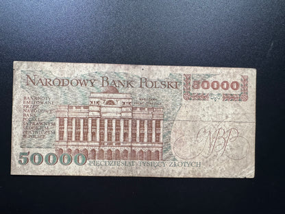Poland 50000 Zloty Banknote 1989 Old Circulated Paper Bank Bill P-153
