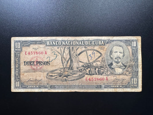 Cuba 10 Peso Banknote 1958 Old Circulated Banknote Bank Bill P-88b