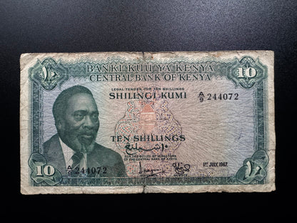 Kenya 10 Shillings Banknote 1967 old Circulated Paper Money Bank Bill p-2b