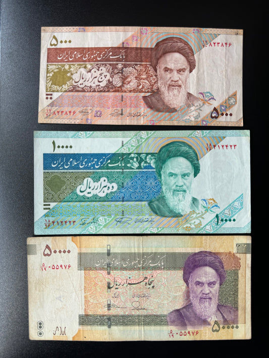 Iran 5000, 10000, 50000 Riyals Banknotes 2005-2013 Old Circulated Banknote Bank Bills 3Pcs/ Lot
