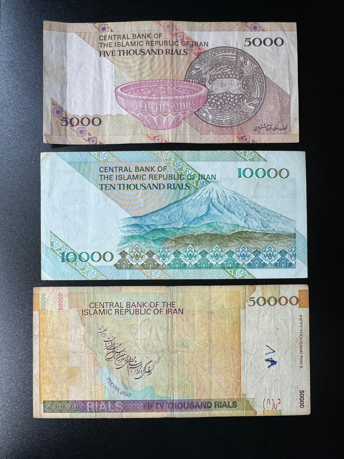 Iran 5000, 10000, 50000 Riyals Banknotes 2005-2013 Old Circulated Banknote Bank Bills 3Pcs/ Lot