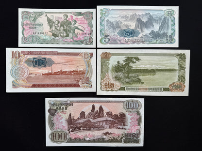 North Korea 1, 5, 10, 50 100 Won Collectible Banknotes 1978 | UNC | 5 pcs/Lot Set