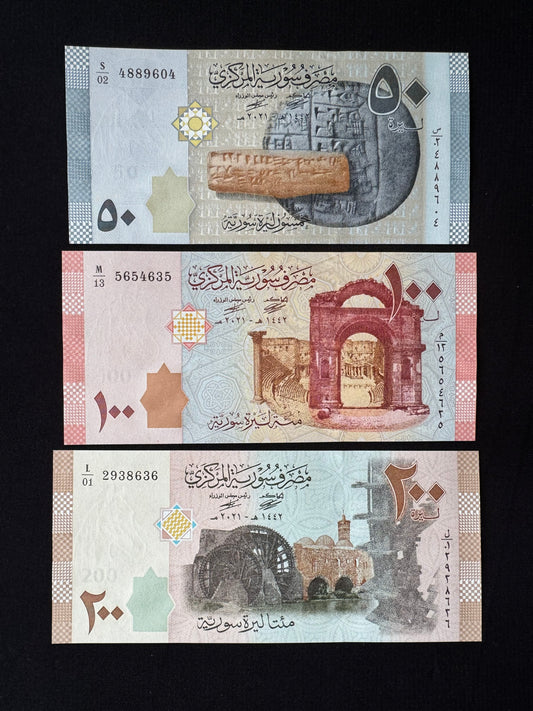 Syria 50, 100, 200,  Pounds Banknotes 2021 UNC Bank bills 3pcs/ Lot.