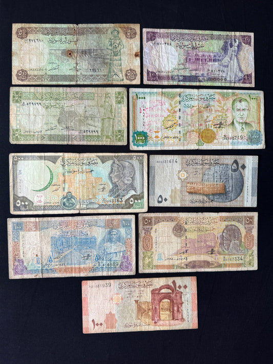Syria Pounds Different type Banknotes Old Bank bills Paper Money 9pcs / Lot