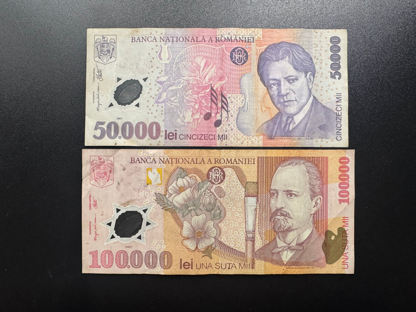 Romania 50000, 100 000 Lei Banknotes 2001(2002/2003) Old Polymer Bills 2 Pcs/Lot