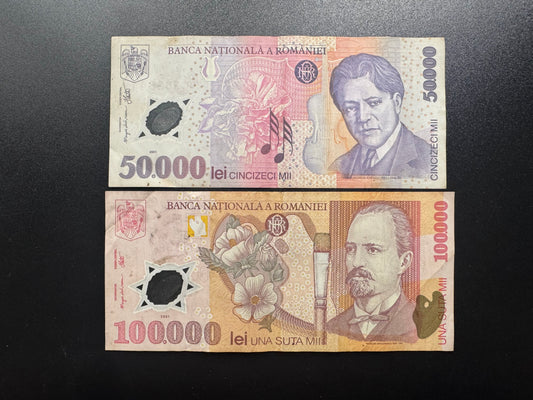 Romania 50000, 100 000 Lei Banknotes 2001(2002/2003) Old Polymer Bills 2 Pcs/Lot