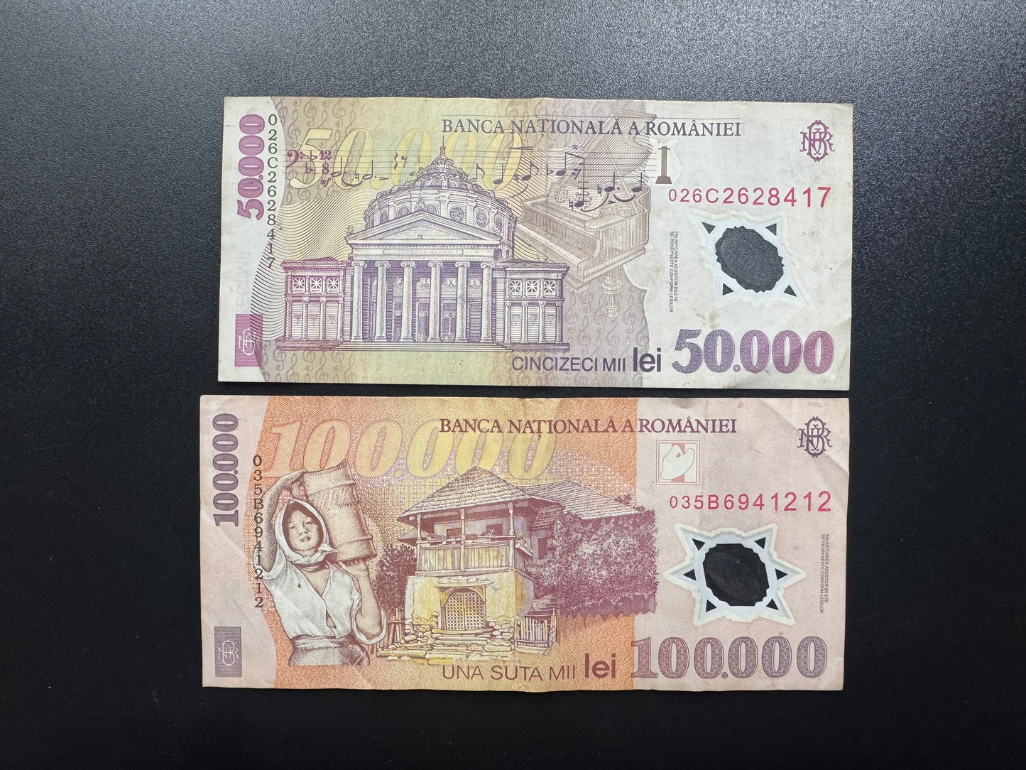 Romania 50000, 100 000 Lei Banknotes 2001(2002/2003) Old Polymer Bills 2 Pcs/Lot
