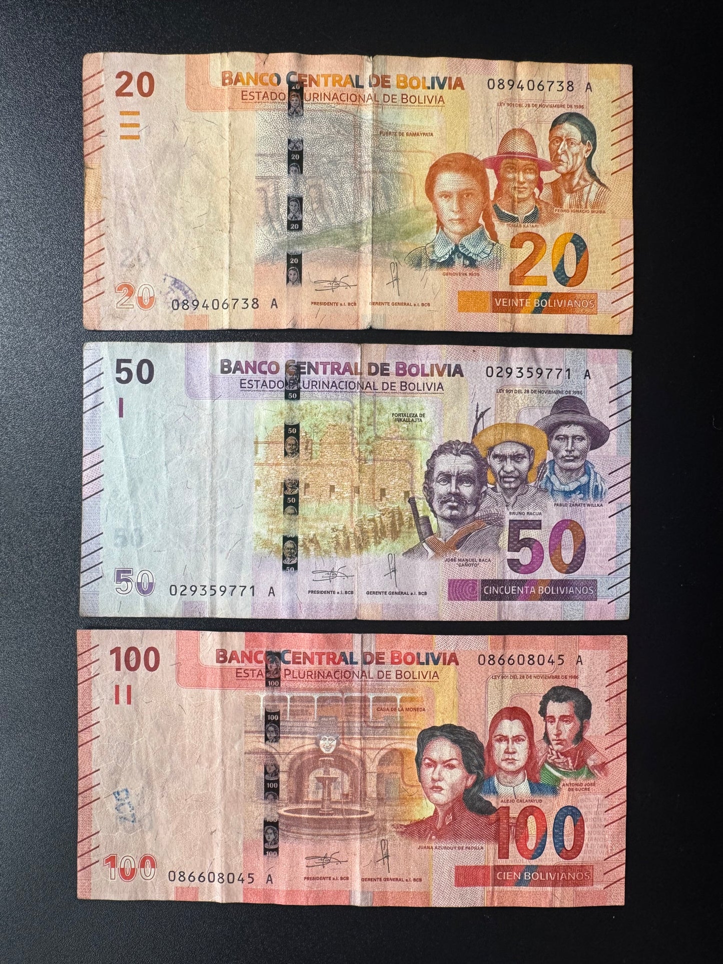 Bolivia 20, 50, 100 Bolivianos Banknote 2008 old Circulated Bills 3 Pcs/Lot