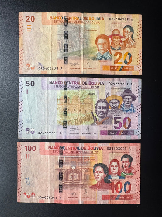 Bolivia 20, 50, 100 Bolivianos Banknote 2008 old Circulated Bills 3 Pcs/Lot