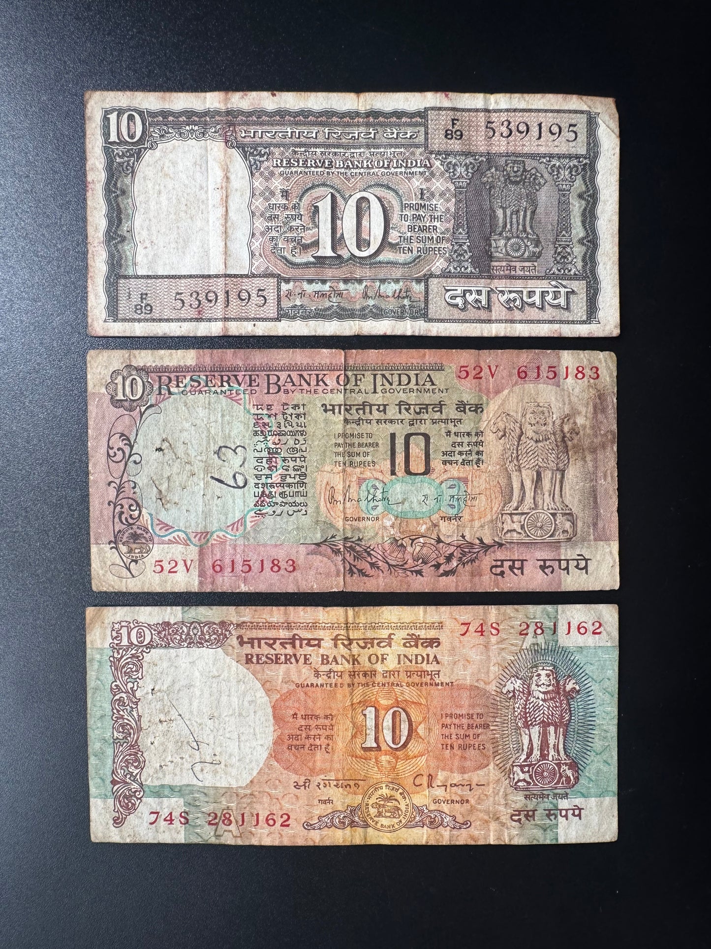 India 10 Rupees Banknotes Old 3/type Paper Bank Bills 3 Pcs/Lot Set