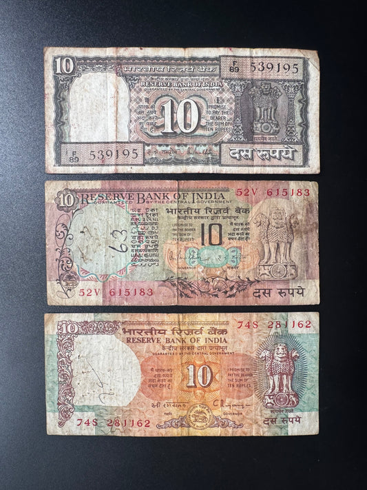 India 10 Rupees Banknotes Old 3/type Paper Bank Bills 3 Pcs/Lot Set