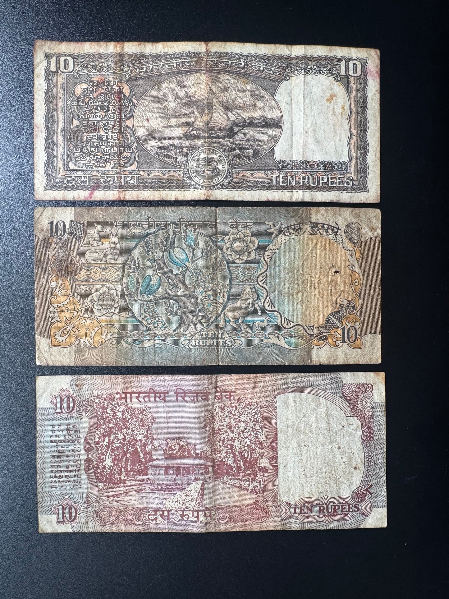 India 10 Rupees Banknotes Old 3/type Paper Bank Bills 3 Pcs/Lot Set