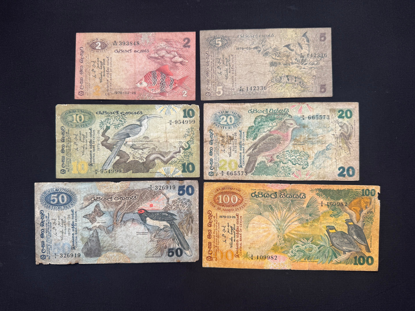 Ceylon 2-100 Rupees Banknotes 1979 Old fauna floral series Bills 6Pcs/ Full Set