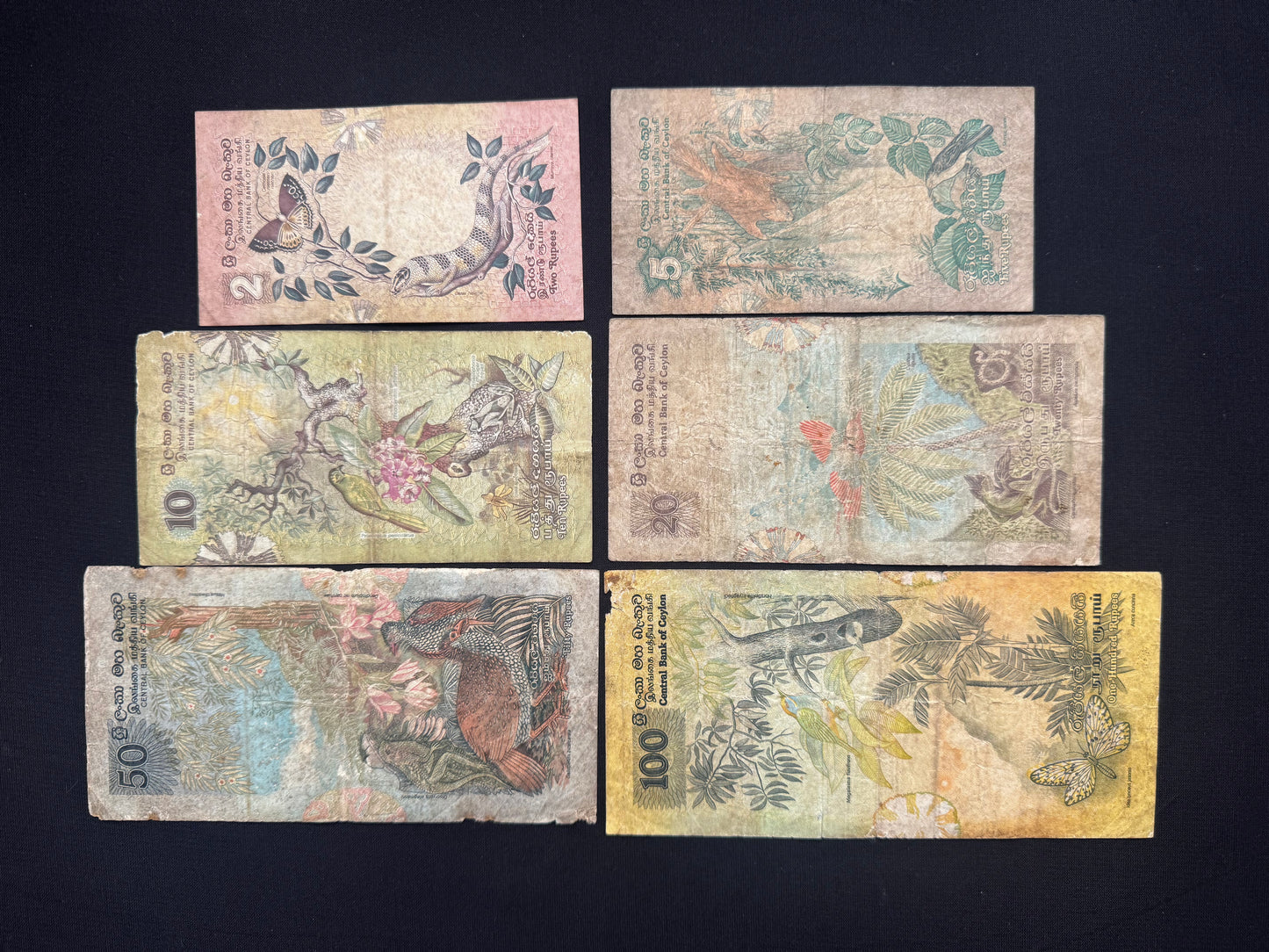Ceylon 2-100 Rupees Banknotes 1979 Old fauna floral series Bills 6Pcs/ Full Set