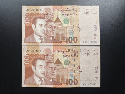 Morocco 100 Dirhams Banknotes 2002 AUNC S/N Consecutive Numbers Pair 2 pcs/ Lot