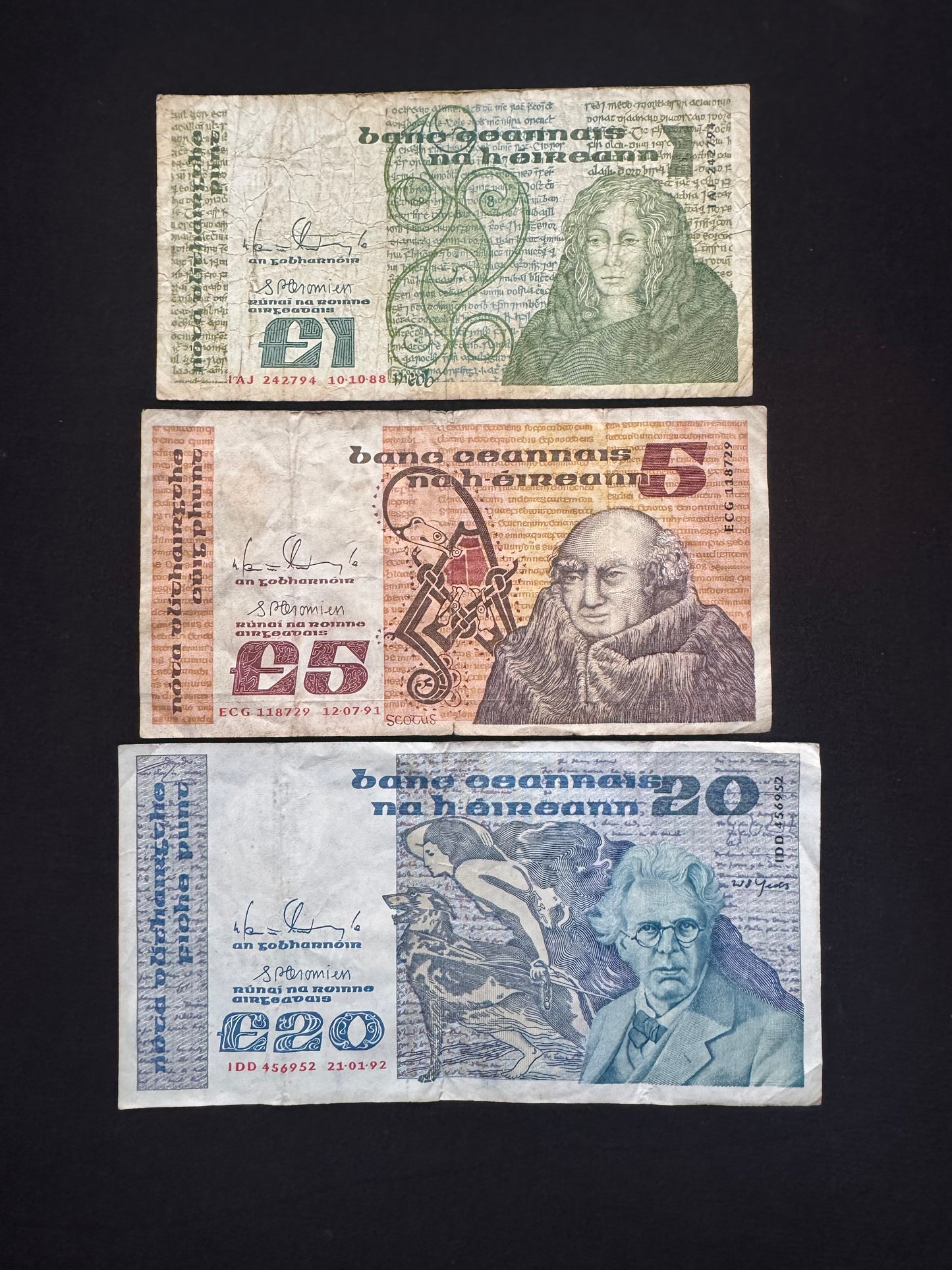 Ireland 1, 5,20 Pounds Banknotes 1988-91-92 Old Circulated Bills 3 Pcs/ Lot