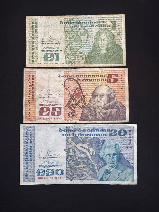 Ireland 1, 5,20 Pounds Banknotes 1988-91-92 Old Circulated Bills 3 Pcs/ Lot