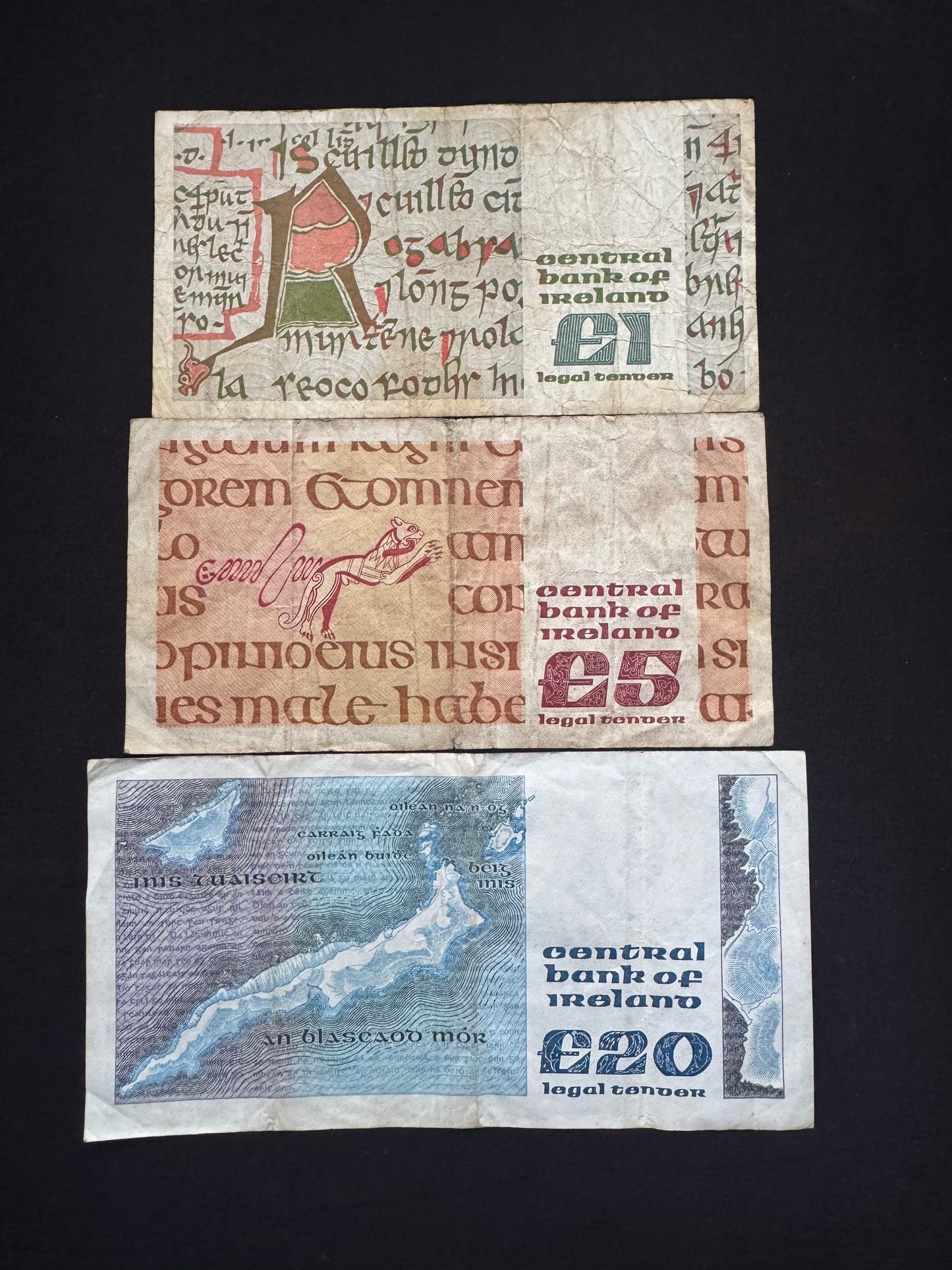 Ireland 1, 5,20 Pounds Banknotes 1988-91-92 Old Circulated Bills 3 Pcs/ Lot