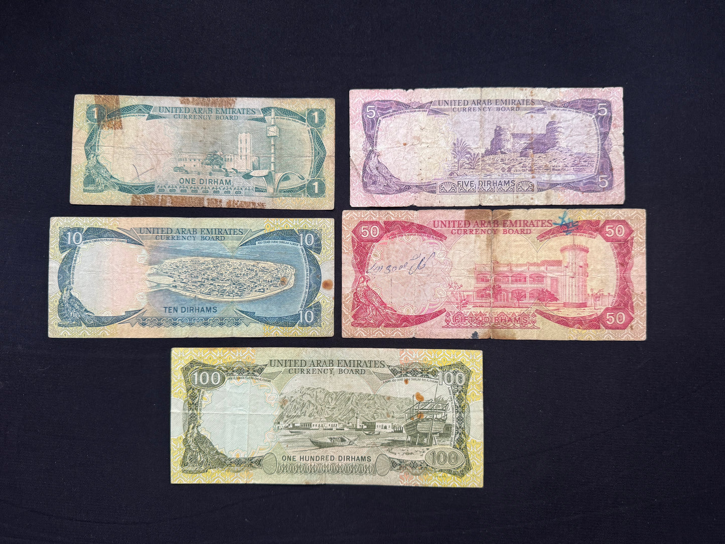 Dubai UAE 1, 5, 10, 50, 100 Dirhams Banknote 1973 1st Issue Rare Bills 5pcs /Lot