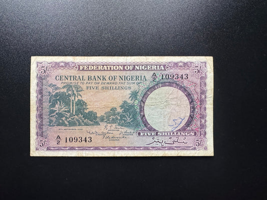 Nigeria 5 Shillings Banknote 1958 1st Issue A-Prefix Rare Paper Bank Bill P-2