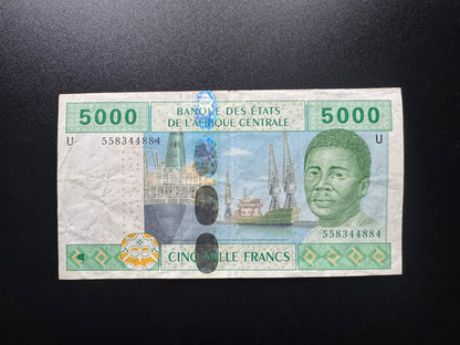 Central African 5000 Francs Banknote 2002 "U" Cameroon Paper Bank Bill P-309