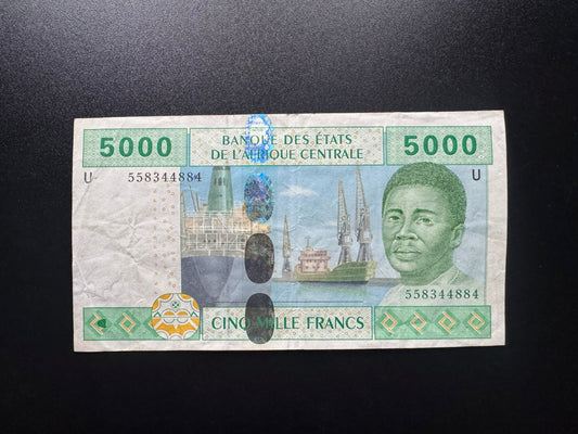 Central African 5000 Francs Banknote 2002 "U" Cameroon Paper Bank Bill P-309