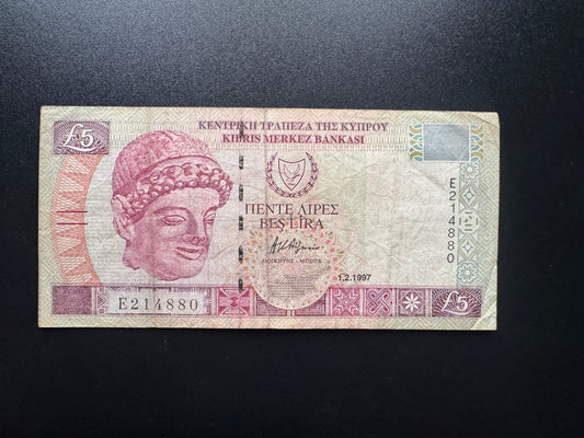 Cyprus 5 Pound Lira Banknote 1997 Old Circulated Bank Bill P-47
