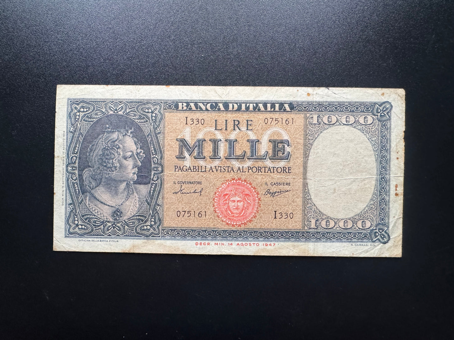 Italy 1000 Lire Banknote 1947 old Circulated ITL Paper Money Bank Bill P-83