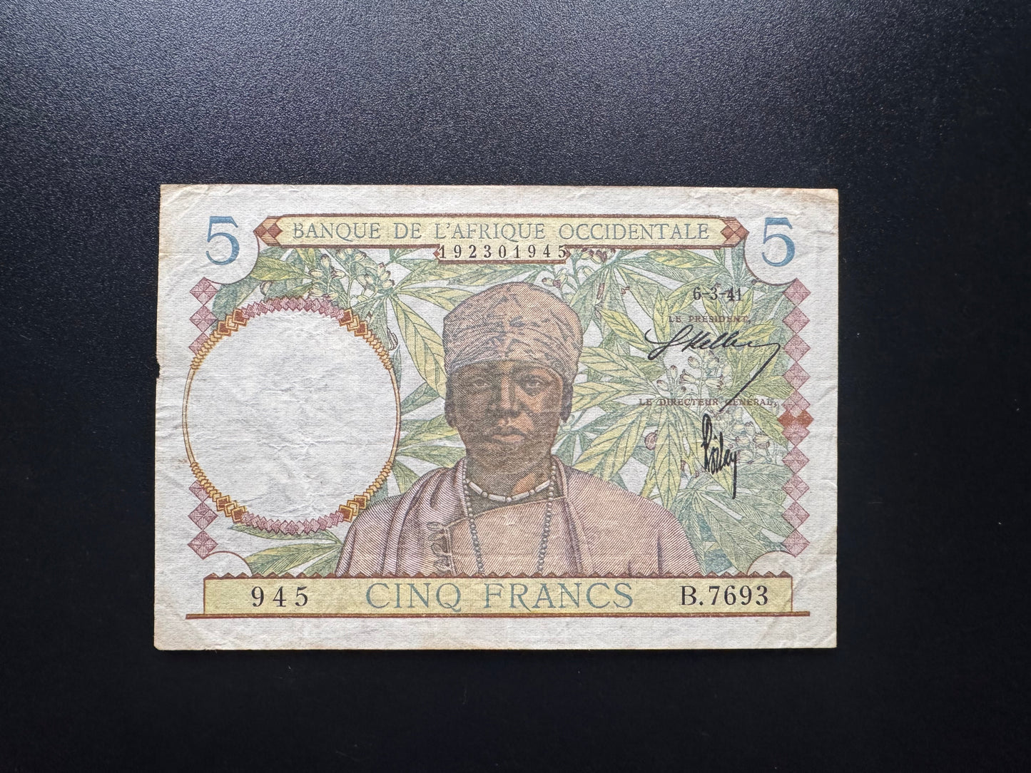 French Africa Occidental 5 Francs Banknote 1941 old Paper Bank Bill Note P-25