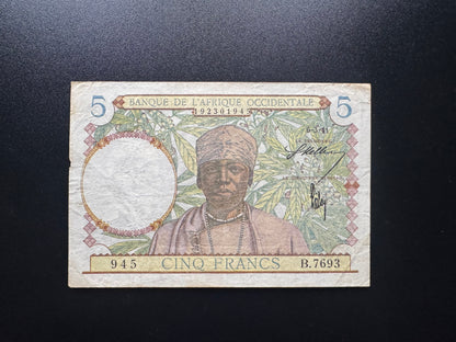 French Africa Occidental 5 Francs Banknote 1941 old Paper Bank Bill Note P-25