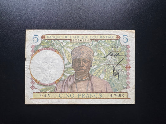 French Africa Occidental 5 Francs Banknote 1941 old Paper Bank Bill Note P-25