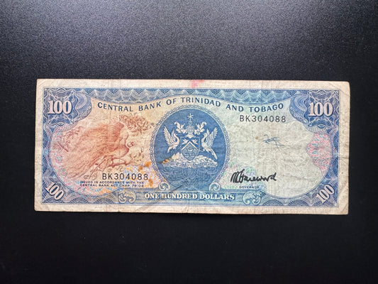 Trinidad & Tobago 100 Dollar Banknote 1985 Old Rare Date Signed: N. Hareward Bill