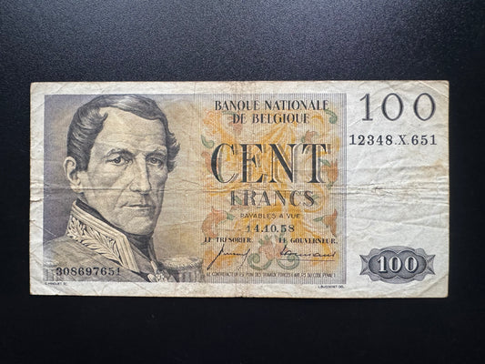 Belgium 100 Francs Banknote 1958 old Circulated Paper Money Bank Bill KM-129
