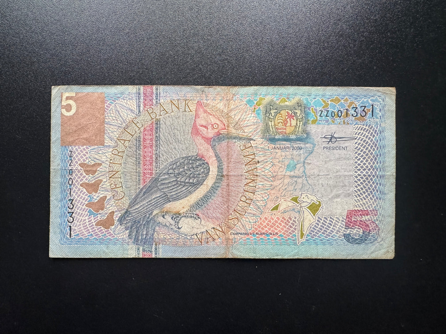 Suriname 5 Gulden Banknote 2000 Rare ZZ Replacement Low S/N Number 001331 Bill