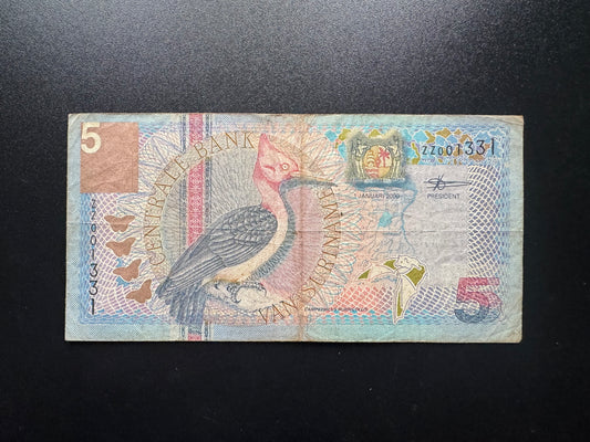Suriname 5 Gulden Banknote 2000 Rare ZZ Replacement Low S/N Number 001331 Bill