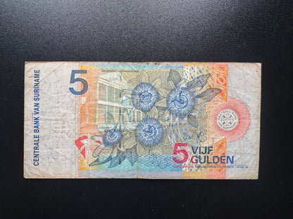Suriname 5 Gulden Banknote 2000 Rare ZZ Replacement Low S/N Number 001331 Bill