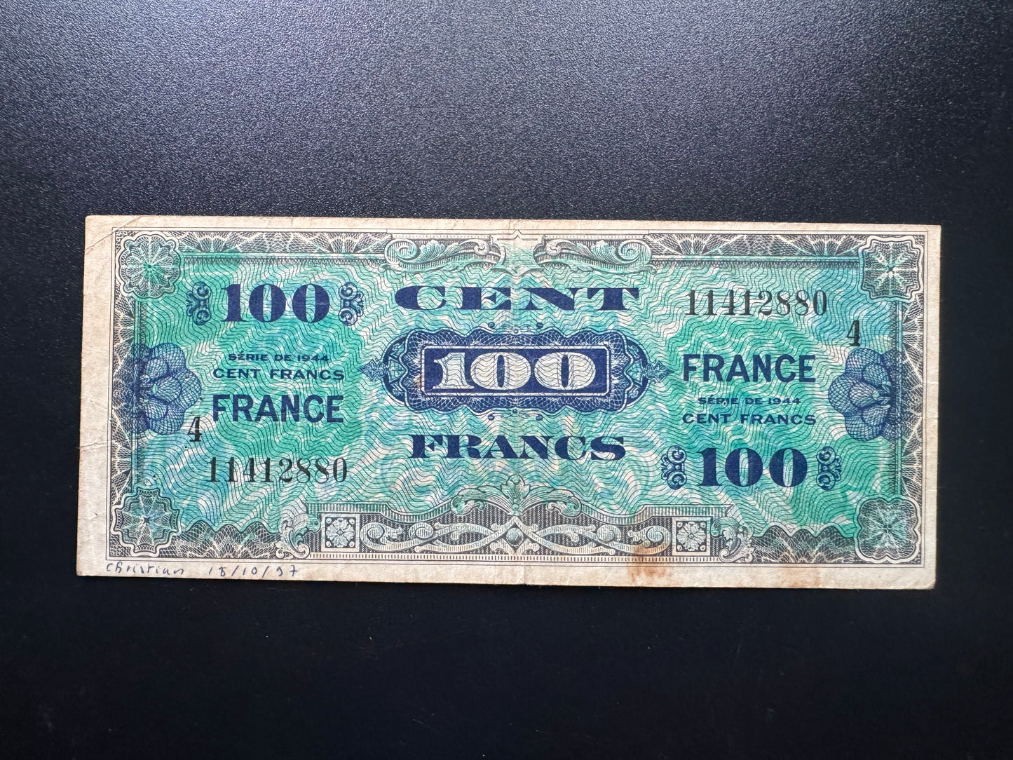 France 100 Francs Banknote 1944 old Circulated Paper Money Bank Bill Note P-123