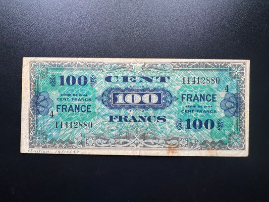 France 100 Francs Banknote 1944 old Circulated Paper Money Bank Bill Note P-123