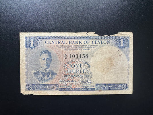 British Ceylon 1 Rupee Banknote 1951 Old King George A2 Prefix Bank Bill P-47