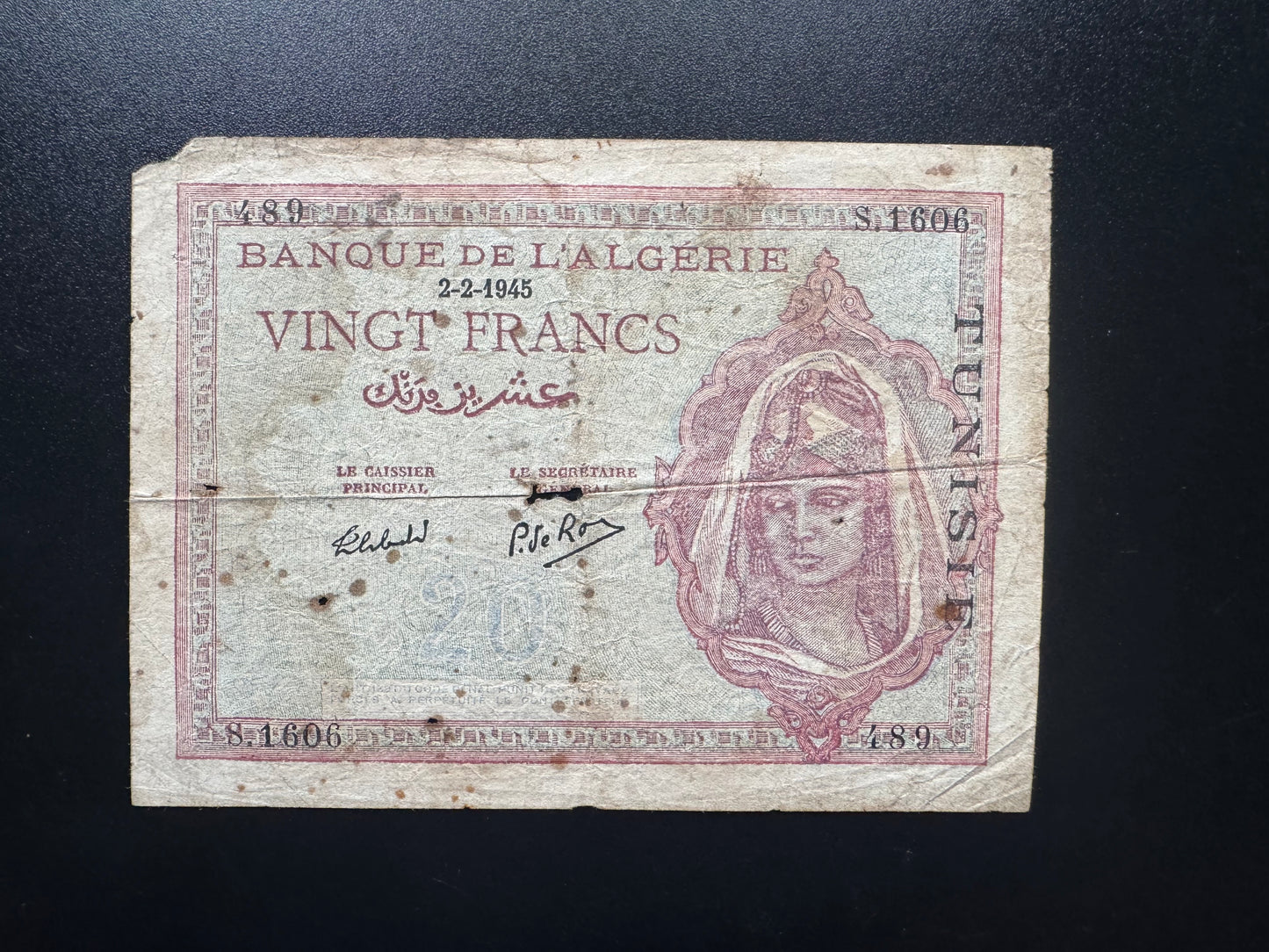 Algeria 20 Francs Banknote 1945 old Circulated Paper Money Bank Bills p-92